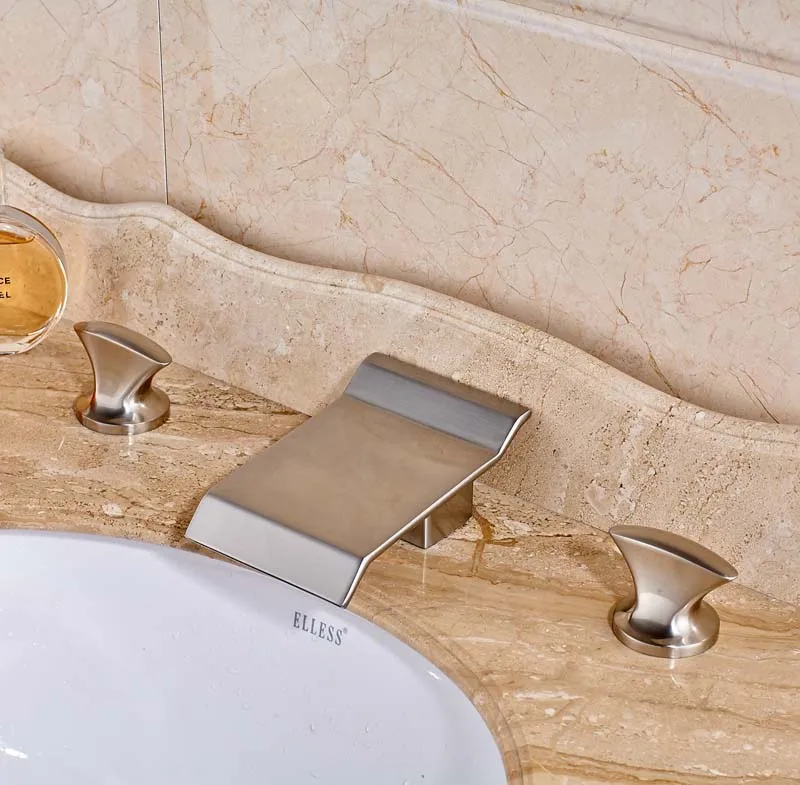 Bathroom Sink Faucet Deck Mounted Widespread 3pcs Bathtub Faucet Double Handles Mixer Tap Nickel Brushed Bathroom Sink Faucet Deck Mounted Widespread 3pcs Bathtub Faucet Double Handles Mixer Tap Nickel Brushed
