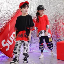 Детская футболка красного и черного цвета Топы, штаны для бега одежда в стиле хип-хоп, одежда для девочек и мальчиков, костюм для джазовых танцев Одежда для бальных танцев