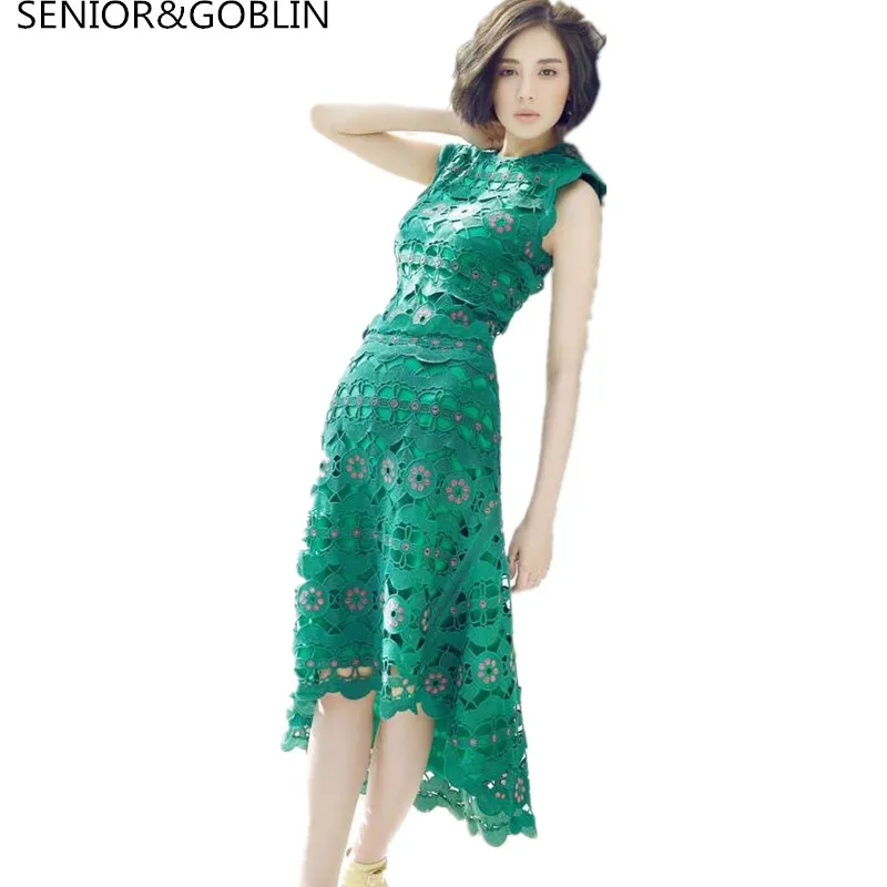 Женское ажурное платье с водорастворимым кружевом зеленое асимметричное