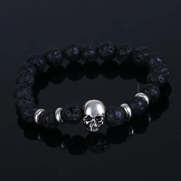 Fashion 8mm Black Natural Stone Bead Skull Elastic Bracelets For 8mm Black Natural Stone Bead Skull