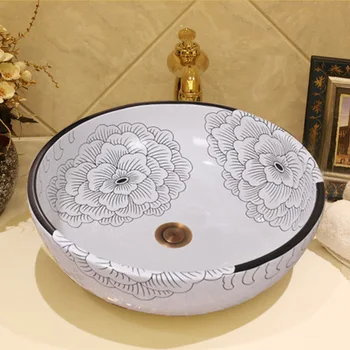 

China white color peony pattern ceramic wash basin bathroom sink bowl