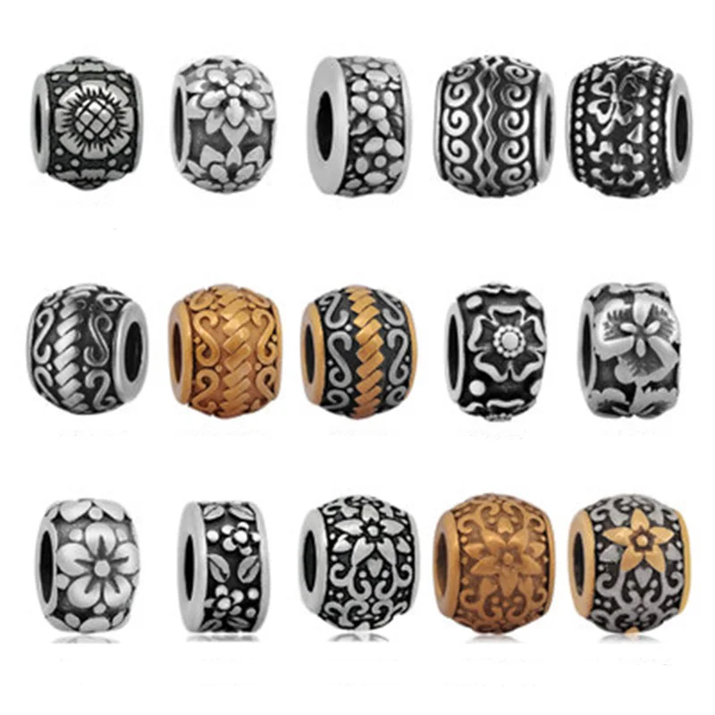 

5pcs/lot 316L Stainless Steel Famous Style Big Hole Spacer Beads High Quality Fancy Metal Charm Beads DIY Bracelets Findings