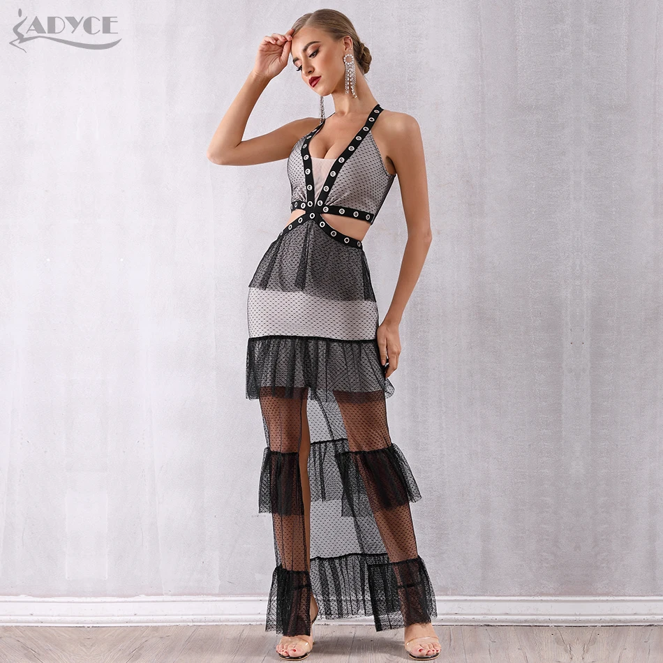 

Adyce 2019 New Summer Women Bodycon Luxury Celebrity Party Dress Vestidos Elegant Lace Deep V Halter Tank Hollow Out Club Dress