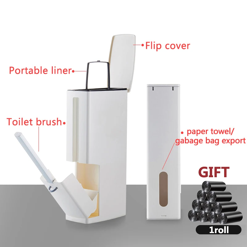 

Narrow Bathroom Trash Can Waste Bins Toilet Trash Bin with Lid Toilet Brush Garbage bag storage container Plastic Dustbin Set