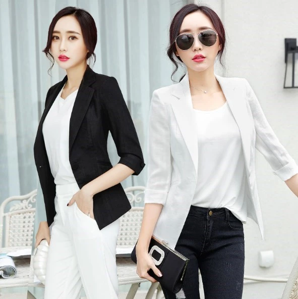 2019 señoras manga corta trajes verano mujeres tres cuartos Blazer mujer negro Blaser femenino|Chaquetas| AliExpress