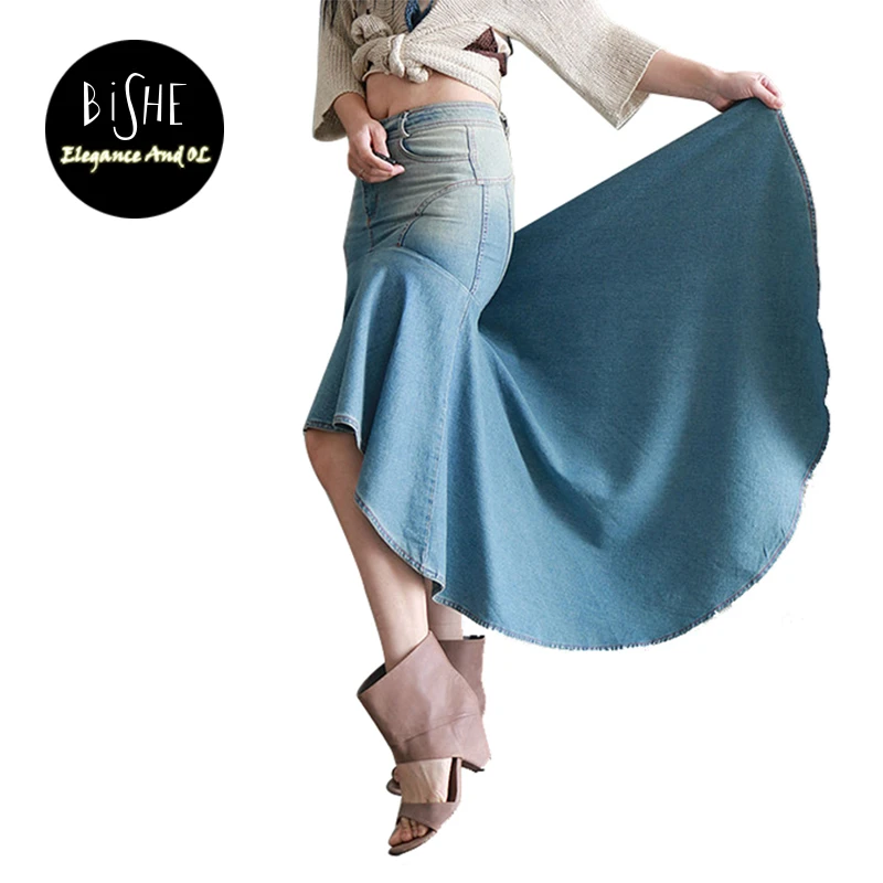Bishe 17春ファッション女性のハイウエストデニム自由奔放に生きるフィッシュテールジャンスカートカジュアルスリム固体フリルダブテールマキシドレススカート Fashion Maxi Skirt Maxi Skirtfashion Jean Skirts Aliexpress