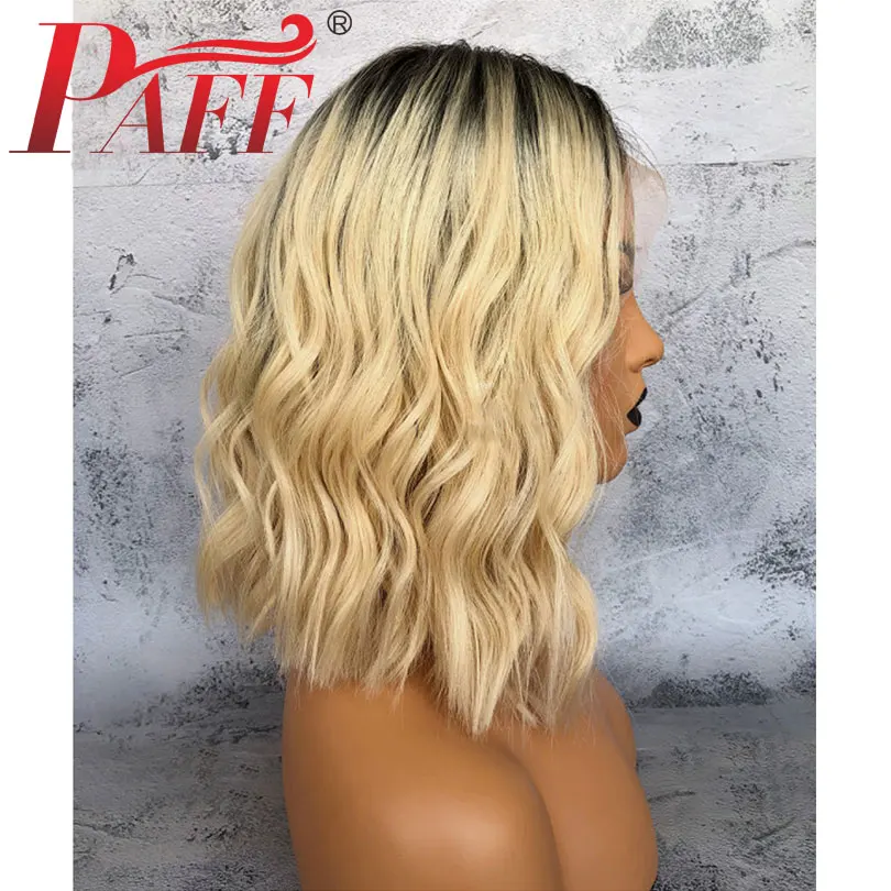 PAFF Ombre Color Short Bob Cut Human Hair Wigs Lace Front 1b 613 Blonde Black Roots Remy Hair Ombre Wigs 130% 150% Density 13*3