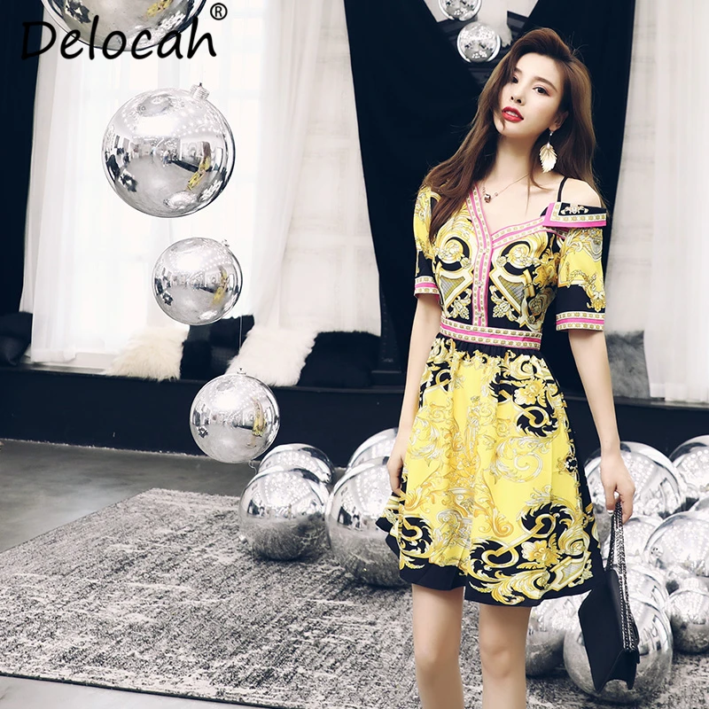 

Delocah Women Summer Spaghetti Strap Dress Runway Fashion V-Neck Off shoulder Printed Elegant Vintage Party Midi Dresses 2019