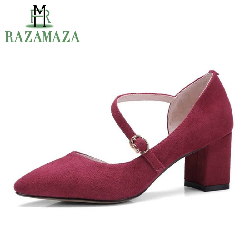 

RAZAMAZA 4 Colors Women Real Leather Simple High Heel Shoes Women Ankle Strap Thick Heel Pumps Party Club Women Shoes Size 33-40
