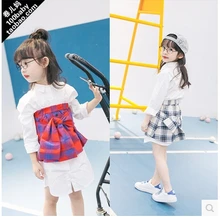 Korean children 2016 girls suit children shape long sleeved shirt skirt suit lattice free shipping