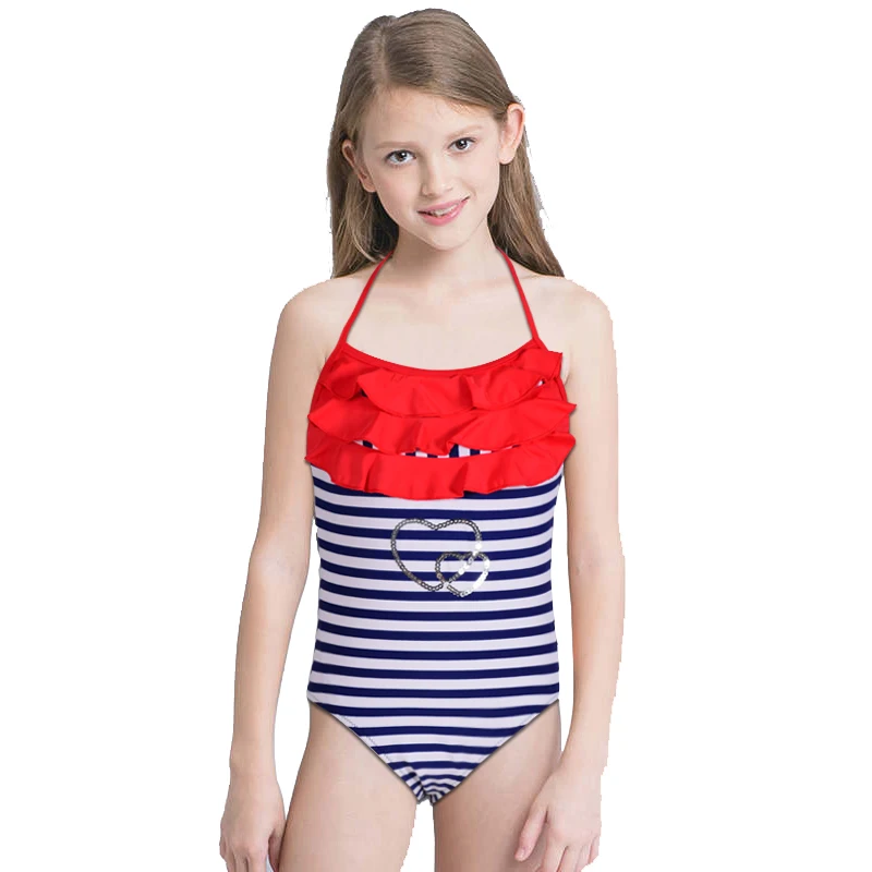 

New Girl Navy Strip Swimsuit Kids One Piece Suit Ruffle Lotus Bathing Suit Backless Swimwear 5-14 Years Old Children Beachwear