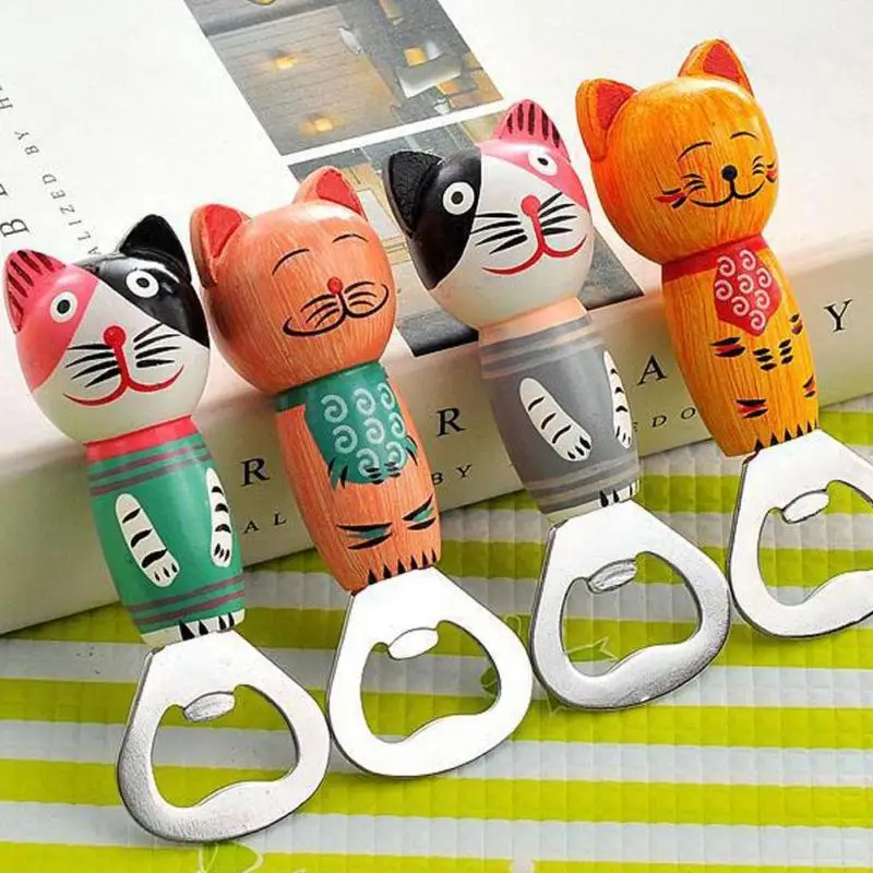 1pc Cute Cat Beer Bottle Opener Wooden + Stainless steel Portable