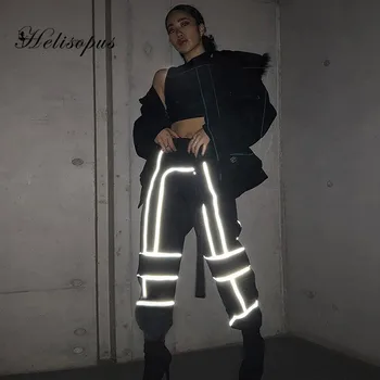 

Helisopus Reflective Patchwork Cargo Pants Women High Waist Casual Joggers Pants Buckle Belt Pockets Knitted Trousers Streetwear