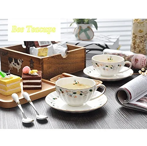 Flower Bee Tea Cups and Saucers, Coffee Bone China Mug 1 Set (1 Cup and 1plate)03