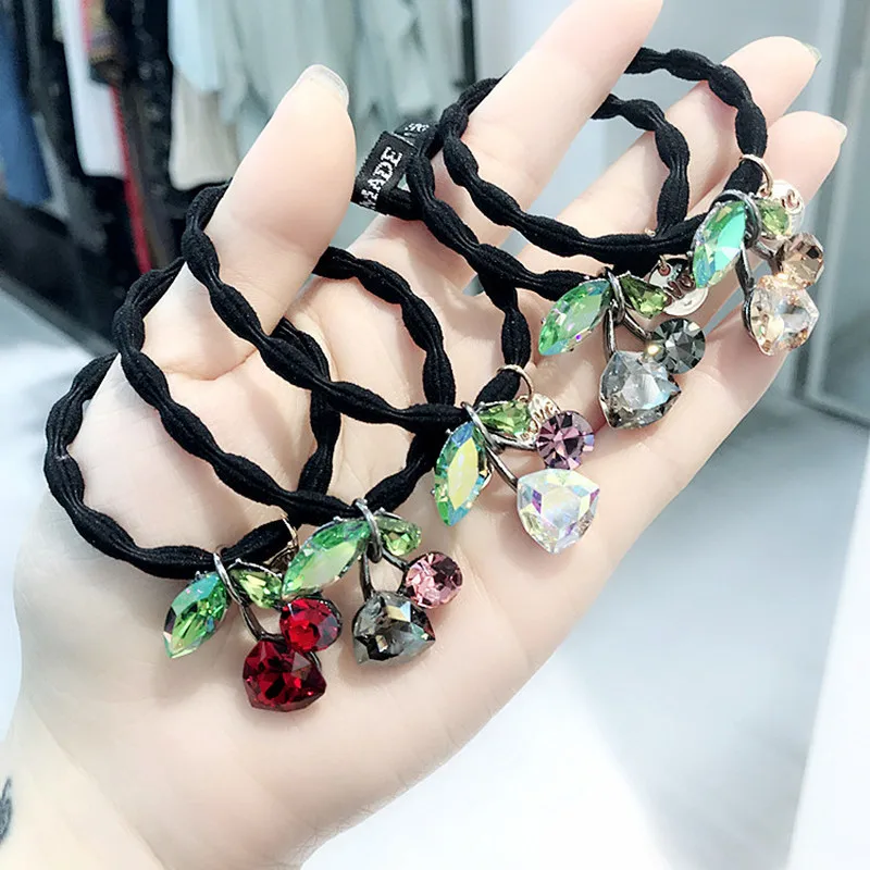 

2019 New Korean Women Simple Hair Rope Cherry Rhinestone Crystal Elastic Hair Bands Girl Ponytail Holder Hair Accessories