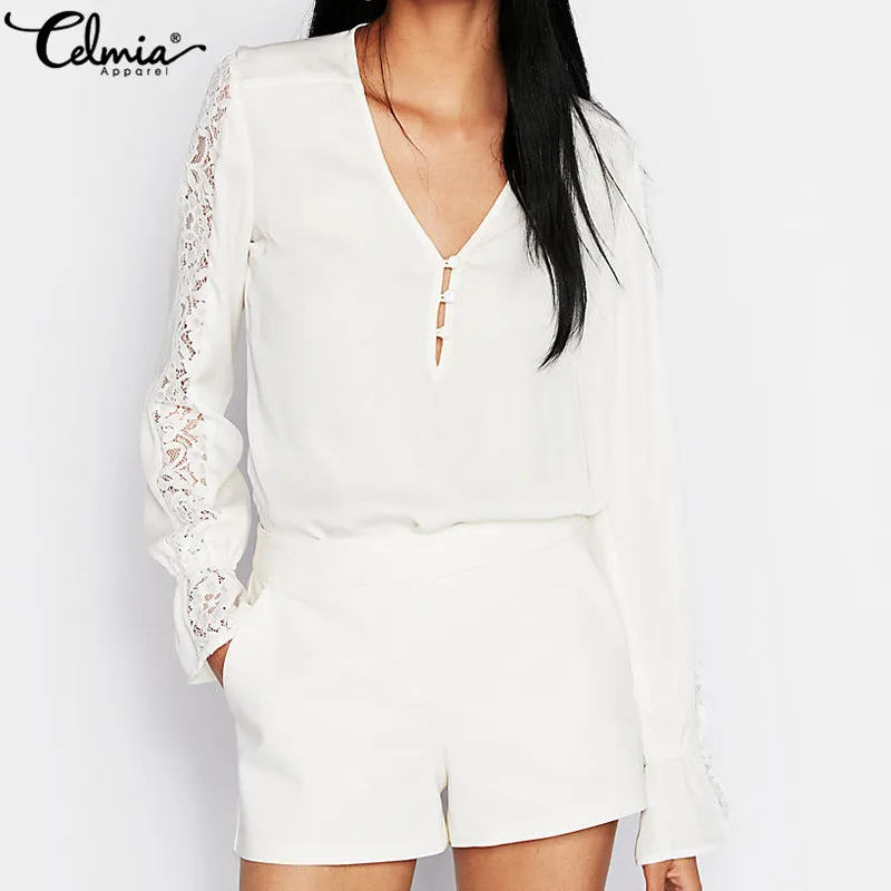 

Celmia Sexy Hollow Out White Lace Blouse Shirt Women Elegant V-Neck Flare Sleeve Blouses Female Casual Long Sleeve Top Blusa 5XL