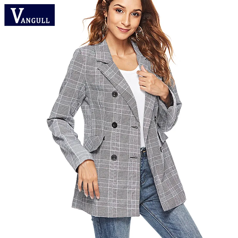 

Vangull Women Plaid Blazer Spring Autumn Long Sleeve Double Breasted Slim Checked Coat Formal Jacket Office Suit Lady Outerwear
