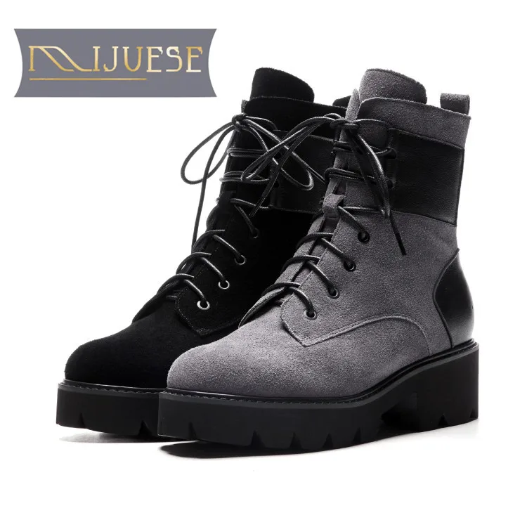 

MLJUESE 2019 women ankle boots cow leather lace up patchwork winter warm fur boots low heel women martin boots size 34-40