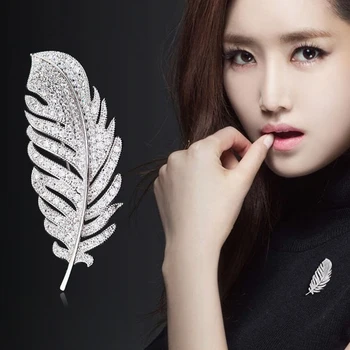 

New Arrive Classic AAA Cubic Zircon Feather Brooches Fashion Women Sweater Coat Accessories CZ Brooch Pin Party jewelry
