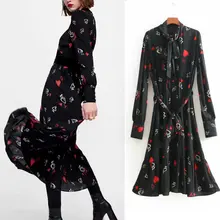 fashion summer women dress long sleeve bow tie neck sahes pleated ladies dresses print chic a line high waist maxi vestidos maxi high waist pleated a line dress