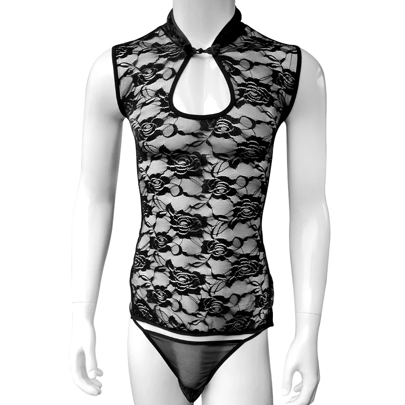 

Sexy Mens Sheer Gay Crossdress Lingerie Floral Lace See through Sissy Pouch set Bodysuit Slim fit Nightwear Sleepwear