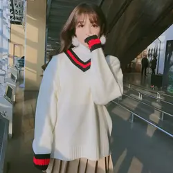 2018 Для женщин Японии Kawaii ulzzang блок Цвет v-образным вырезом свободные свитера женские Свитеры для женщин в Корейском стиле панк толстые Harajuku