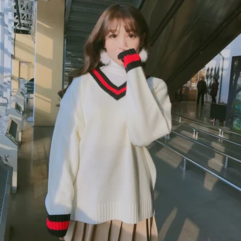 

2020 Women'S Japan Kawaii Ulzzang Block Color V-Neck Loose Sweater Female Sweaters Korean Punk Thick Harajuku Clothing For Women