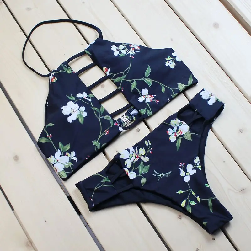 HAICHENG 2017 Ladder Halter Sling Tankini Low Waist Brazalian Hollow Bottom Swim Suit Floral Print Swimwear Women biquini mulher |