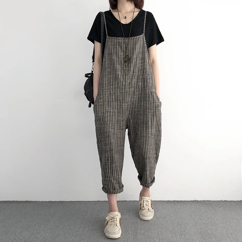 

Women Sleeveless Striped Jumpsuit 2019 Summer Loose Cotton Linen Korean Women Clothing Loose Casual Basic Jumpsuits