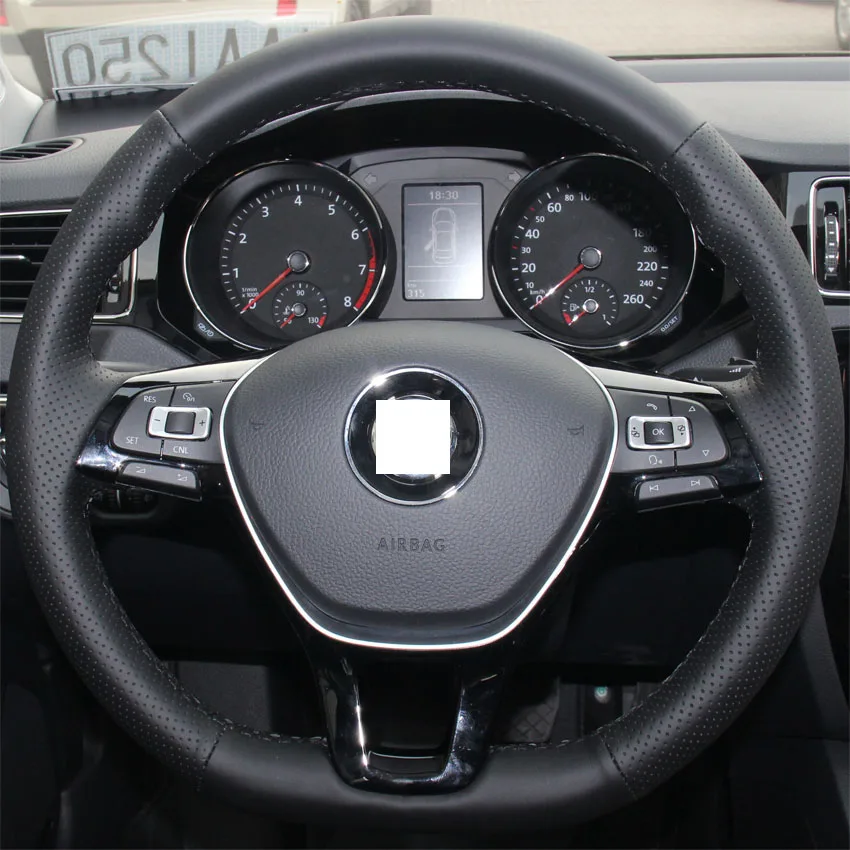 XuJi Black Genuine Leather Steering Wheel Cover for Volkswagen VW Golf