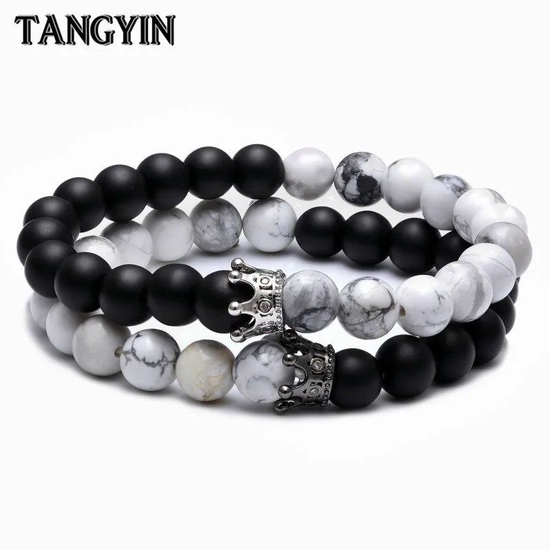 

Trend Men Jewelry Couple Bracelet 8mm Black and White Natural Stone Beads Yin Yang Silver Black Crown Bracelets for Women Gifts
