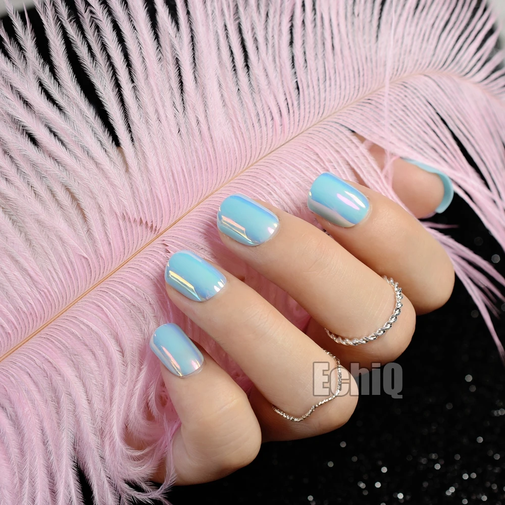 

Abalone Chrome Fake Nails Mirror Chameleon Short Acrylic Nails Beautiful Lake Blue DIY Nail Tips with Glue Stiker Z721