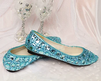 

2016 Popular Sky Blue Flat Heel crystal lady's formal shoes Jeweled Beaded Bridal Evening Party Wedding Dress Bridesmaid Shoes