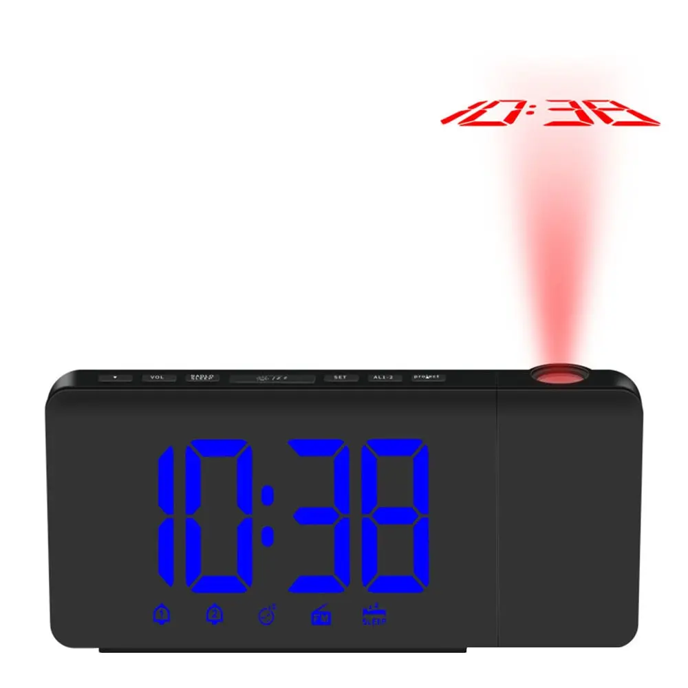 Цифровой светодиодный Будильник FM радио настольный декор USB проекционный будильник вращающийся проектор двойные сигналы функция повтора - Цвет: Синий