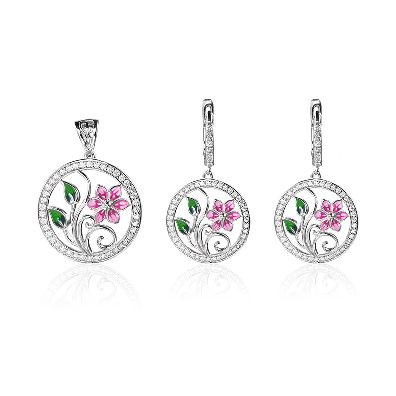 

2018 new Enamel orchid Jewelry Set Original 925 Sterling Silver stub Earrings Pendant For Women