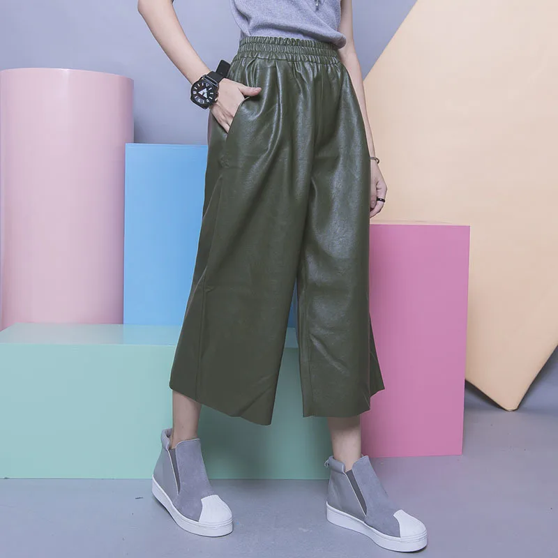 

2016 New Autumn Fashion Black and Army green PU Cortex Clipping Elastic Waist Ankle-Length Wide leg Pants YD9031