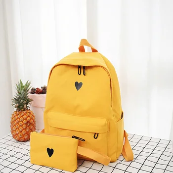 

New Fashion Korean Style Students Travel Bag Girls School Bag Moon Wood Canvas Printed Heart Yellow Backpack Laptop Backpack