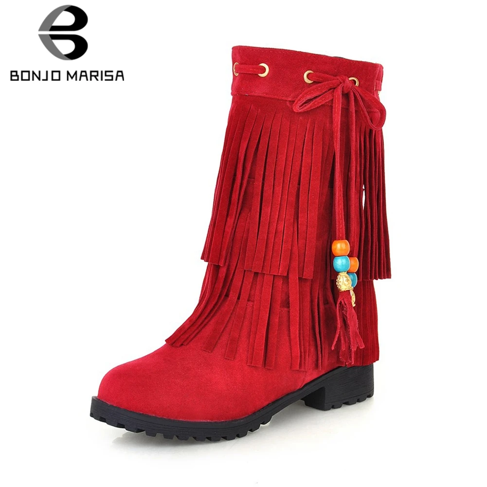 

BONJOMARISA Hot Sale 34-43 Fashion Fringe Ankle Booties Women 2019 Winter Warm Fur Boots Casual non-slip Low Heels Shoes Woman