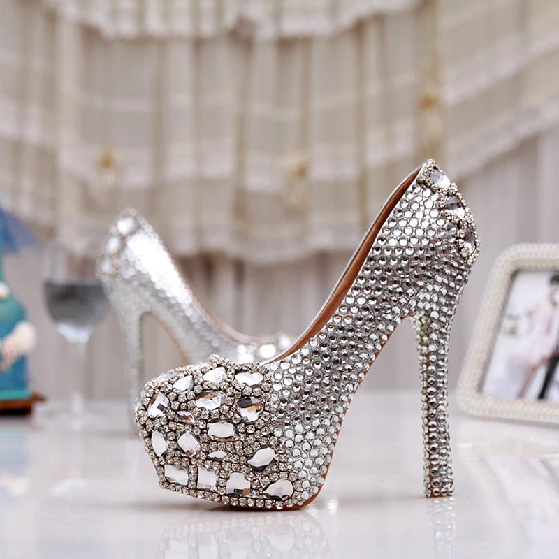 font b Women b font High Heel Prom Bridal Wedding Shoes Lady Platforms Silver Glitter