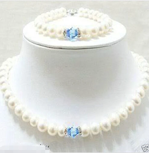 

X67 NEW Fine 8-9mm White Pearl Blue Crystal Necklace Bracelet (A0423)