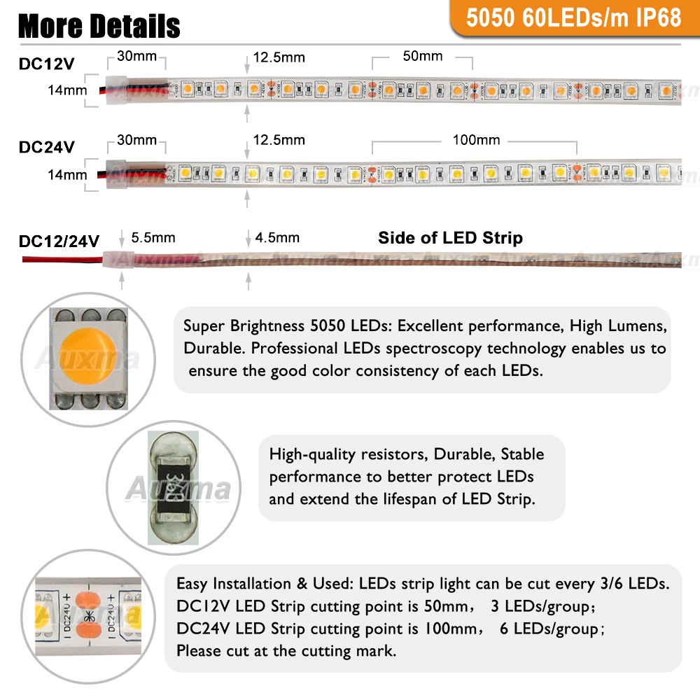 5050 60 светодиодный s/m Светодиодные ленты, CRI80 IP68, DC12V/24 V, 300 светодиодный s/катушка, 5 м/катушка, Водонепроницаемый для дома и улицы, украшения