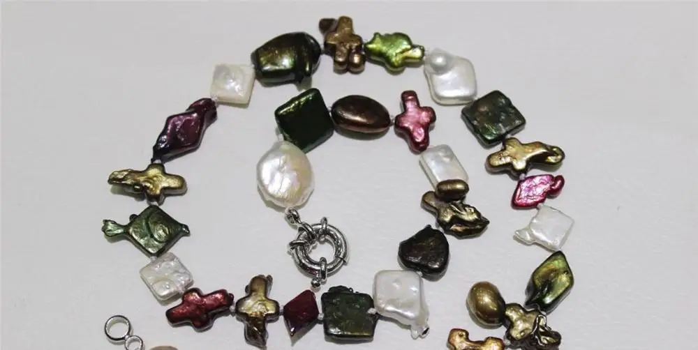 

FREE SHIPPING>>>@@ > Multi colors Peculiar shape fresh water pearl necklace 10-18mm 17INCH a(5.18)