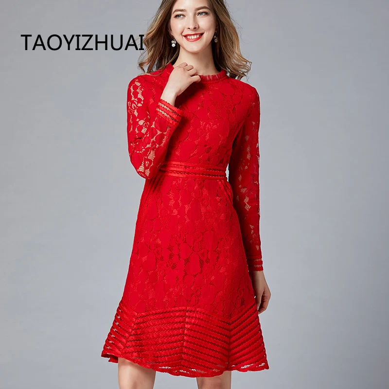 Женское кружевное платье TAOYIZHUAI Красное Облегающее Платье с круглым вырезом и