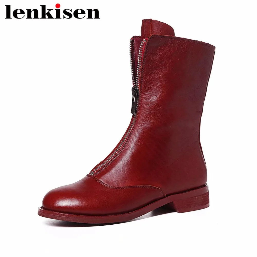 

Lenkisen high quality handmade round toe zipper genuine leather low heels autumn winter retro shoes women mid-calf boots L65