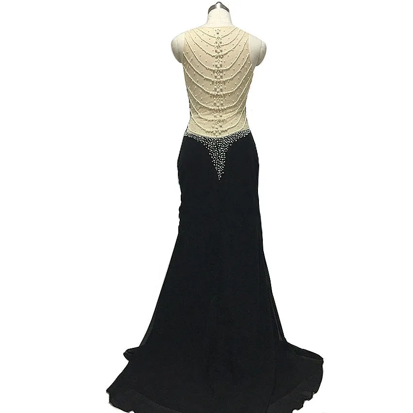 Сексуальное длинное платье для выпускного вечера, Черное вечернее платье русалки, сексуальное шифоновое платье с v-образным вырезом, расшитое бисером и жемчугом, блестящее вечернее платье с открытой спиной