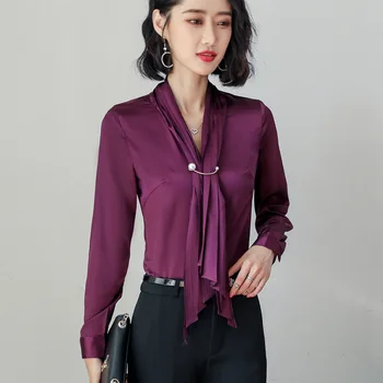 

2019 Spring Long Sleeve V Neck Satin Shirts Women Office Work Satin Shirts Lady OL Satin Blouses Tops Women Scarf Collar Tops