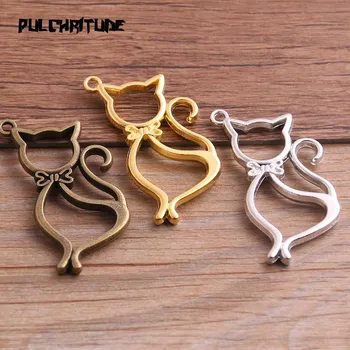 

3pcs 22*44mm Three Color Alloy Jewelry Accessories Cat Charm Hollow Glue Blank Pendant Tray Bezel 11C71