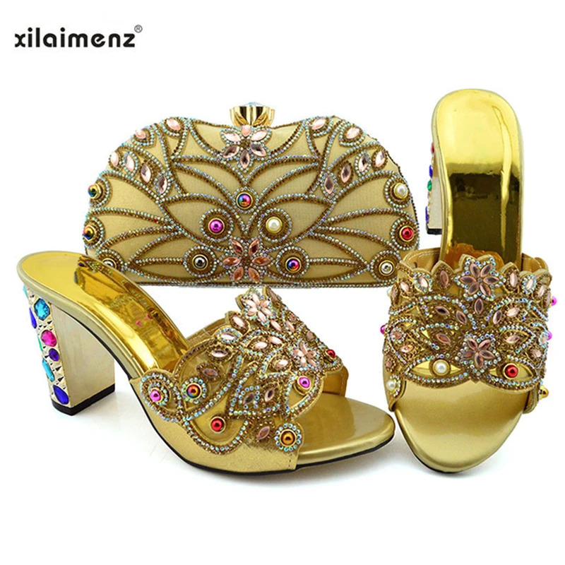

Latest 2019 Shoes and Bags Set New Style African Matching Shoes and Bags Italian Women Wedding Shoes and Bag Set in Golden Color