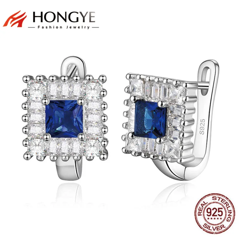 

HONGYE Original Blue Red Green Black Square Rhinestone Clip Earrings Cuff Brincos Women Wedding Bridal Gift 925 Silver Jewelry