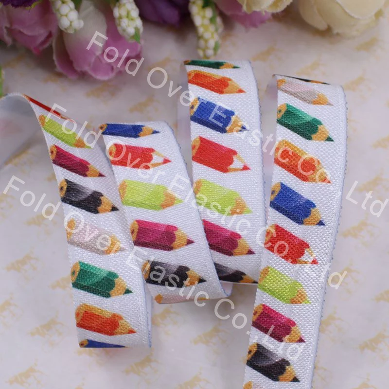 

high quality fold over elastic heat transfer printing, 5/8 inch colorful pencil foe elastic for girl hair ties 100yards